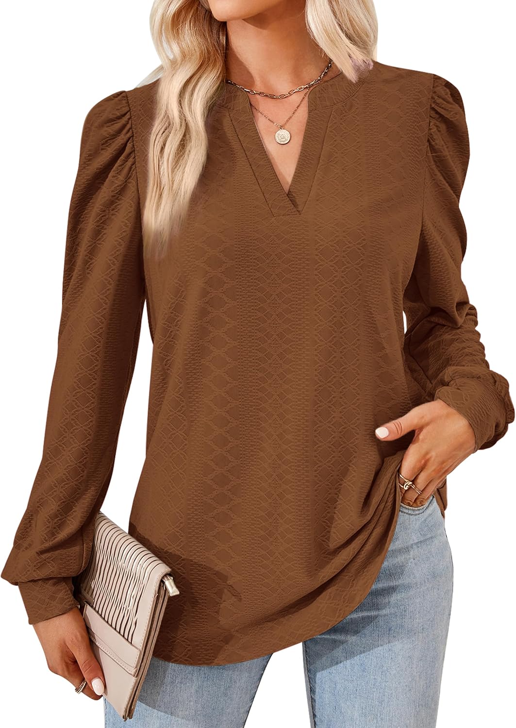 ZILIN Womens Tops Dressy Casual Puff Long Sleeve V Neck Work Shirt Eyelet Loose Tunic Blouse