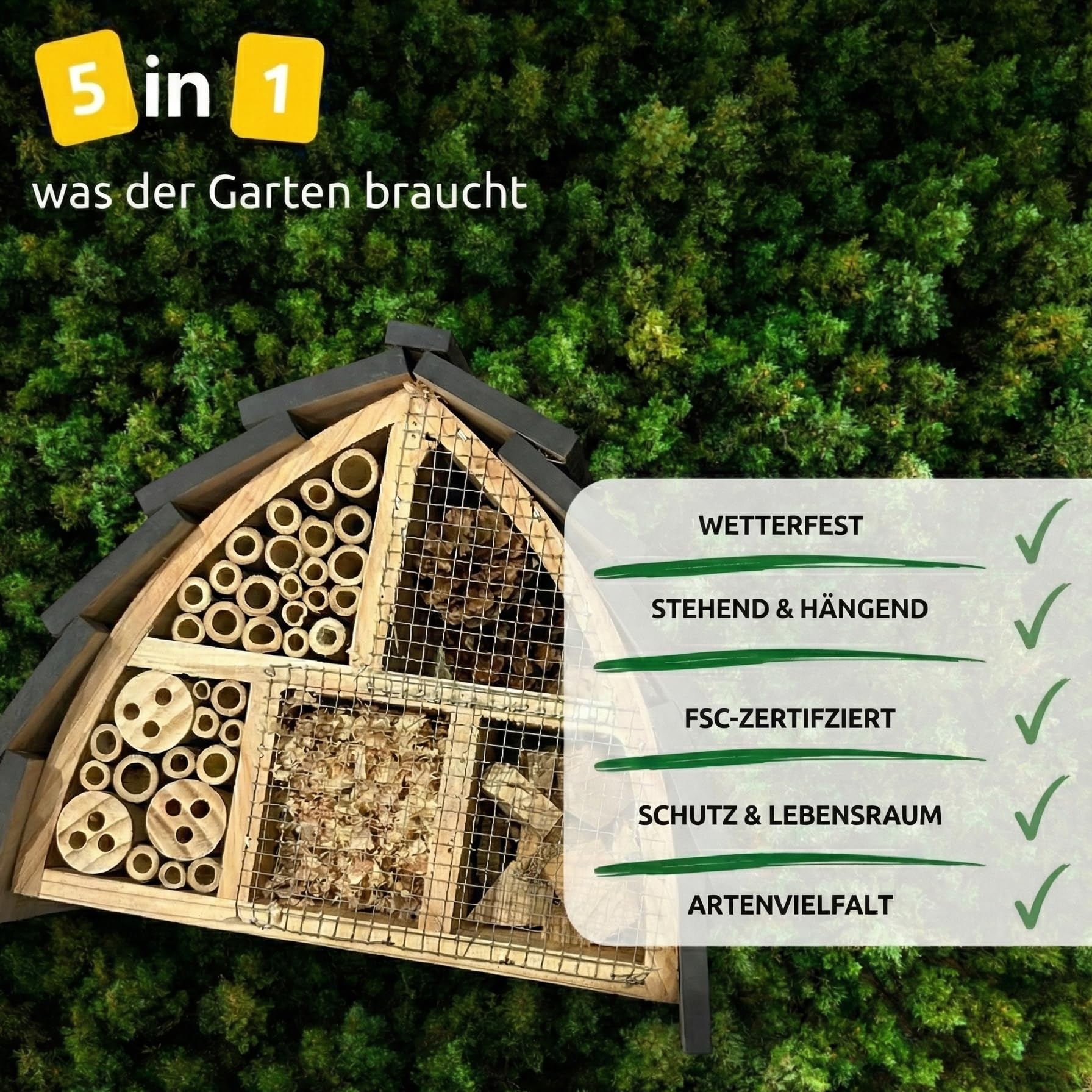 Insektenhotel wetterfest aus Holz – Bienenhotel mit Vogelschutz für Wildbienen & Schmetterlinge – Insektenhaus groß für Garten – Insektenhotel Bienenhotel Schmetterlingshaus