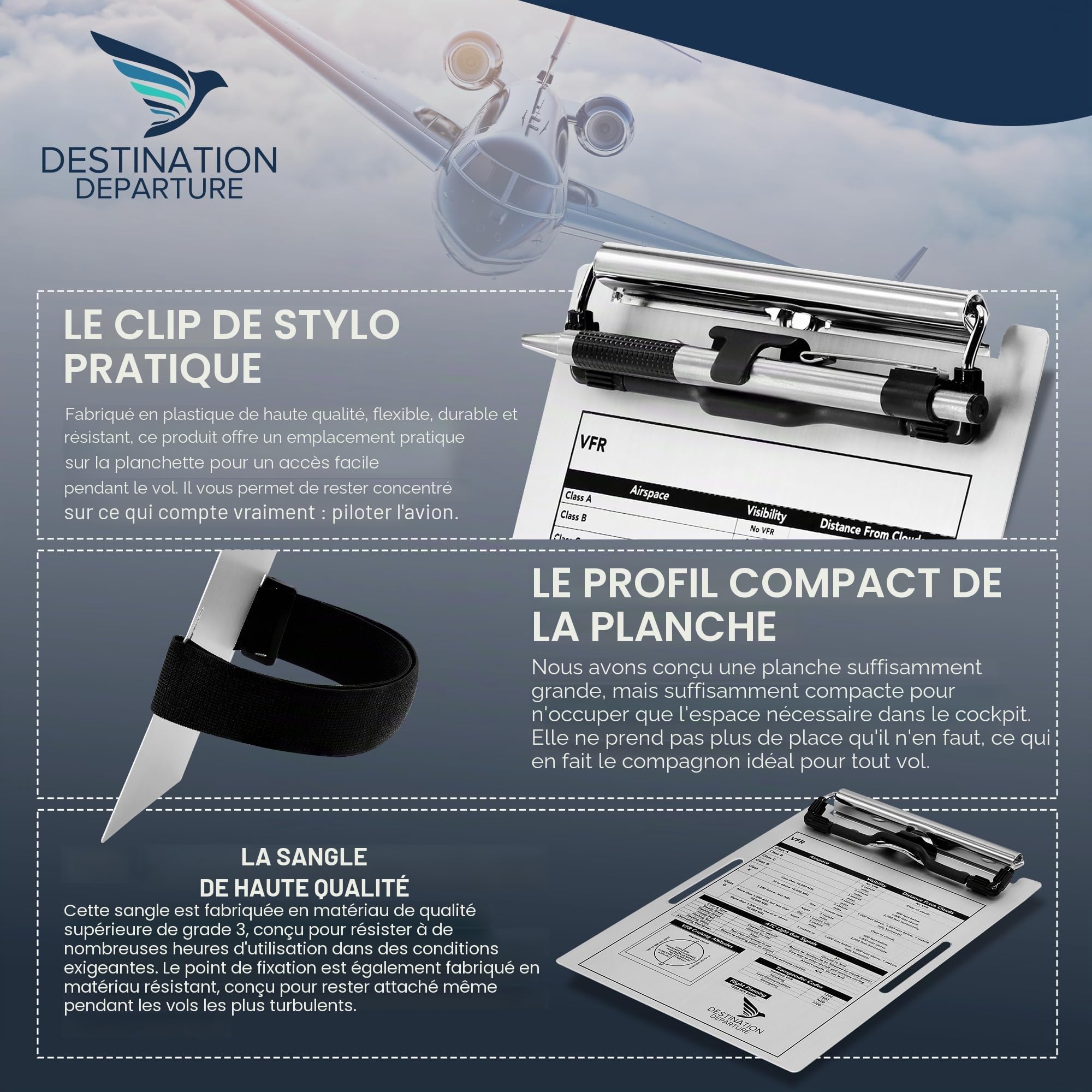 Pilot Kneeboard – Planche d'écriture pilote en aluminium – 14 x 20 cm – Clip en métal et porte-stylo pratique – Sangle élastique confortable