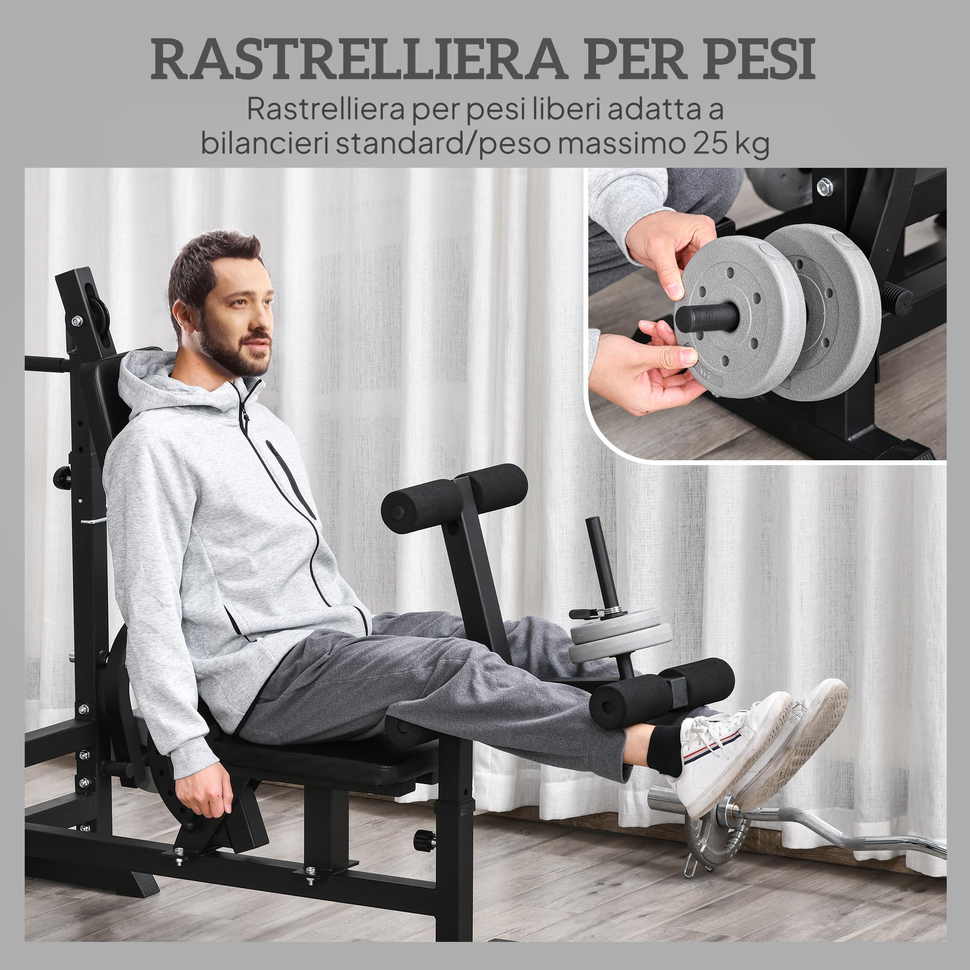 HOMCOM Panca da Palestra con Supporto per Bilanciere e Schienale Regolabile, Panca Pesi con Leg Extension e Leg Curl, Rack per Bilancieri, per Casa Palestra, Nero