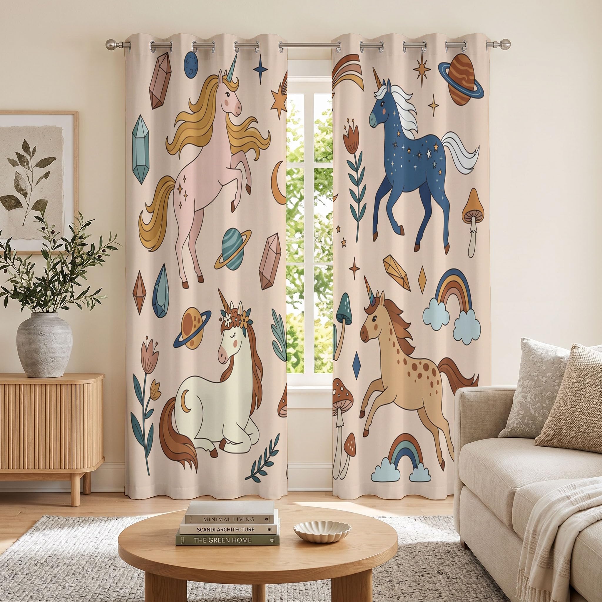 Style Dessin Animé Rideau Occultant - Licorne Rideau Thermique, Beige Marron Rideaux Chambre Salon Fenetre, Rideaux Draperies Intérieurs À Oeillets, L70×H160Cm (2 Panneaux)