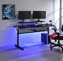 Mesa de jogos de computador com porta USB integrada e bandeja de plugue e teclado, compartimento aberto e luz de LED, mesa retangular para jogos 150 cm C x 71 cm L x 83 cm A (preta)