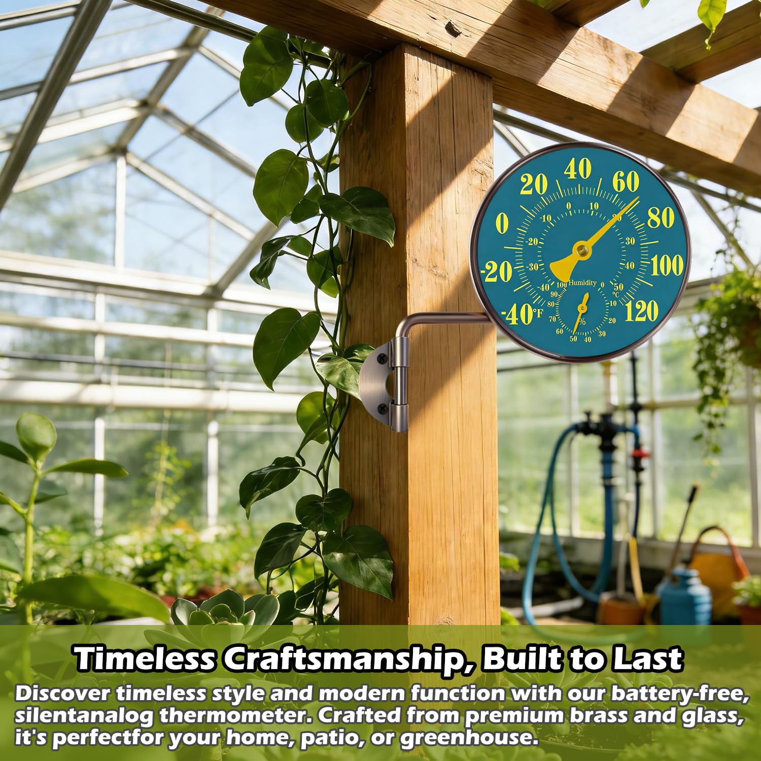 Termometro da esterno da 10,2 cm e misuratore di umidità termometro da finestra in ottone massiccio analogico con supporto, igrometro senza batteria, termometro per casa, giardino, garage, cortile