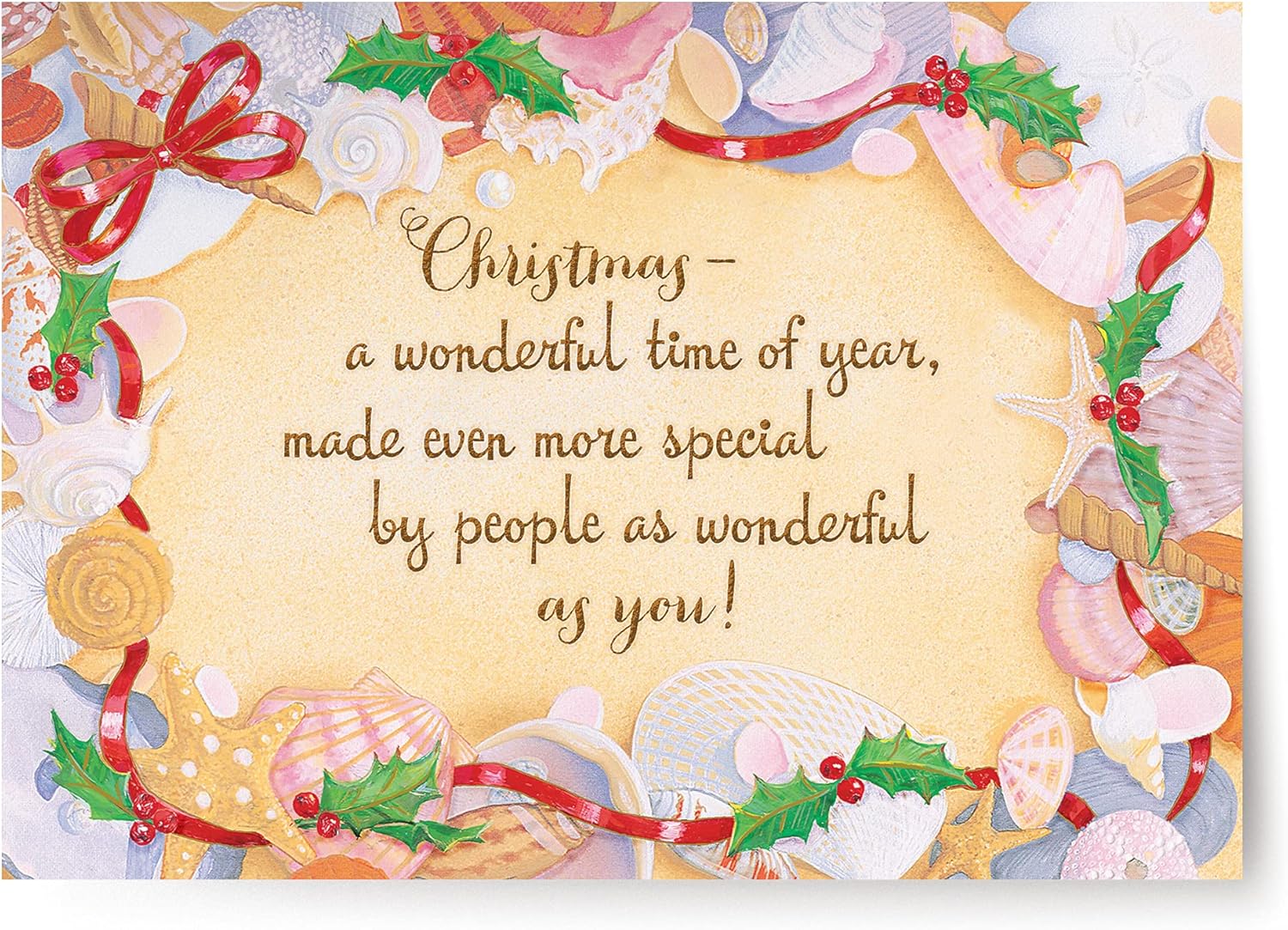 Designer Greetings Boxed Red Farm Studio Christmas Cards, Seashell and Holly Border (Box of 18 Nautical/Coastal Holiday Cards with White Envelopes) (125-00841-000)