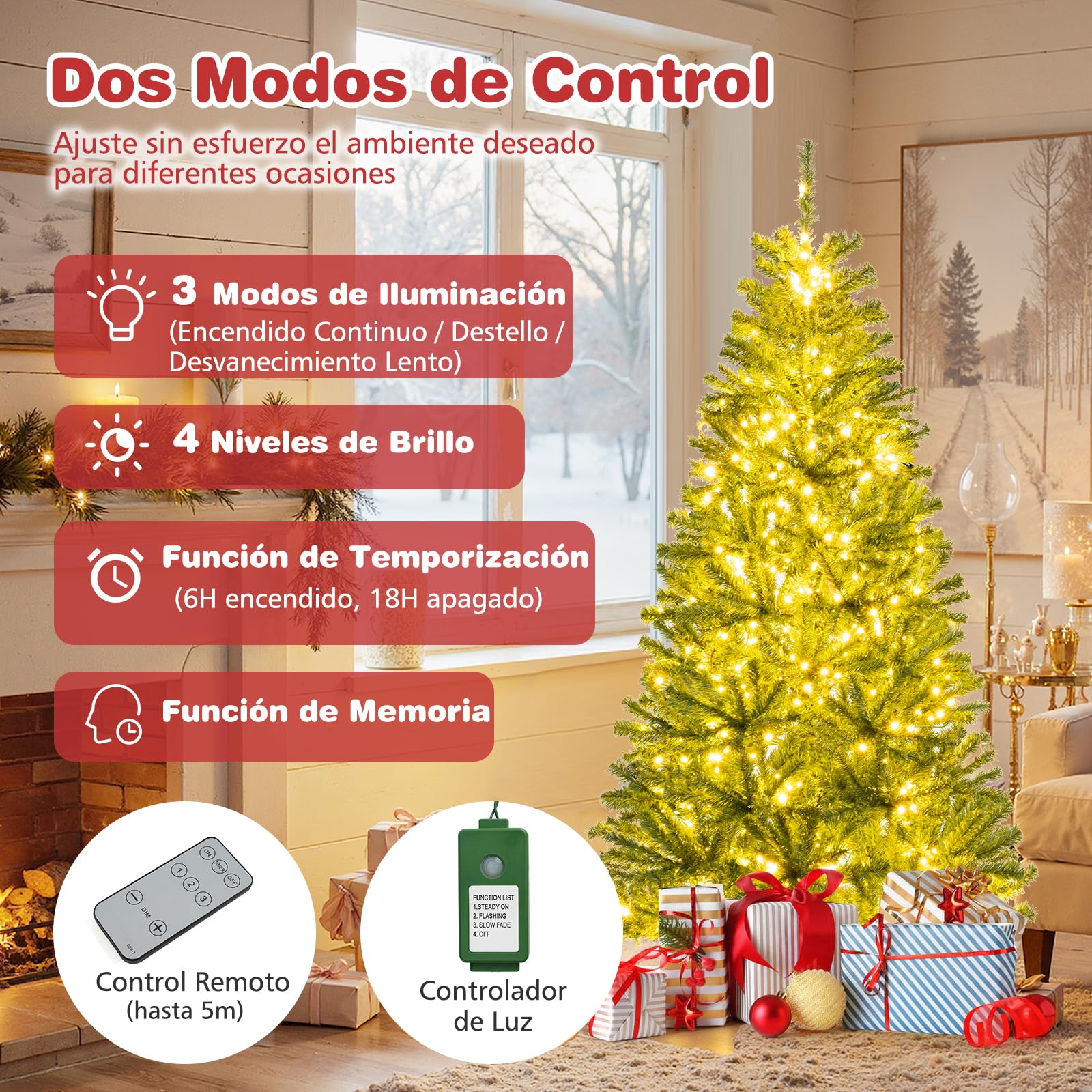 COSTWAY Árbol de Navidad con Luces Incorporadas 180cm, 250 Luces LED Blancas Cálidas, 3 Modos y Brillo Ajustables, Temporizador, 680 Ramas de PVC, Arvore de Natal with Light Hogar Oficina Fiesta
