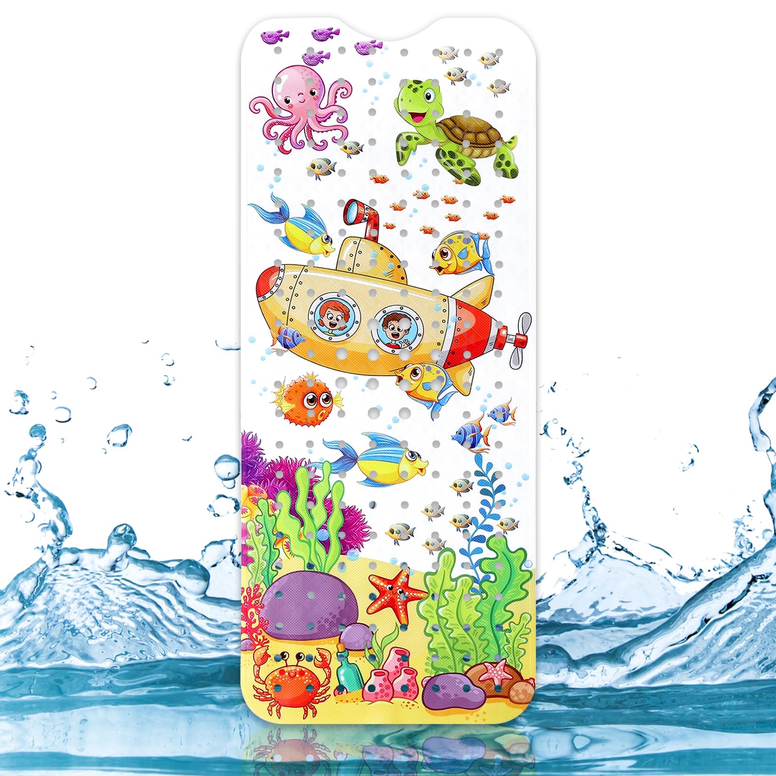 Capslpad Bathtub Mat Non Slip Anti Mould 40x100 cm Cartoon Submarine Bath Mats Extra Large Soft Bath Seat Mat with Suction Cups & Drain Holes Machine Washable Sea Animals Bath Mat