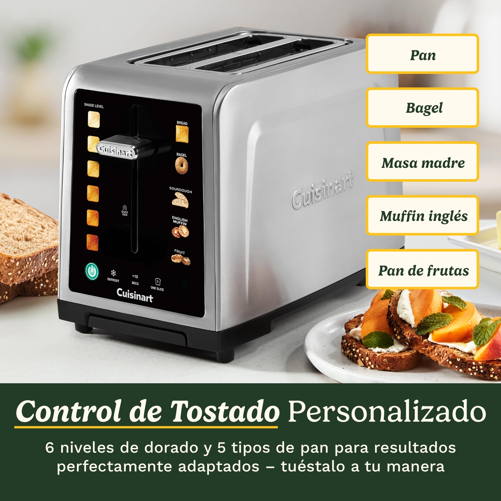 Cuisinart SimpliTouch XL Tostadora 2 Rebanadas | Ranuras XL | Pantalla Táctil | High-Lift QuickView™ | Programas Pan, Bagel, Masa Madre | Funciones Descongelar, Boost +15s | Acero Inoxidable