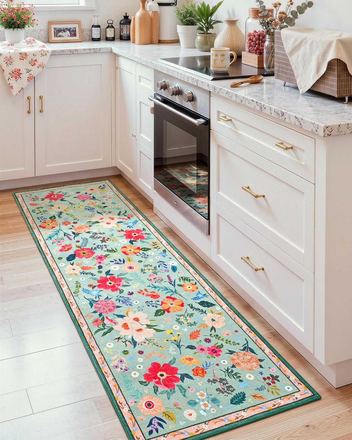 Macgace 2x8 Floral Runner Rug, Flowers Printed Washable Rugs with Non Slip Backing for Girls Bedroom Kitchen Hallway,Cute Carpet Runners Home Aesthetic Decor, Light Green