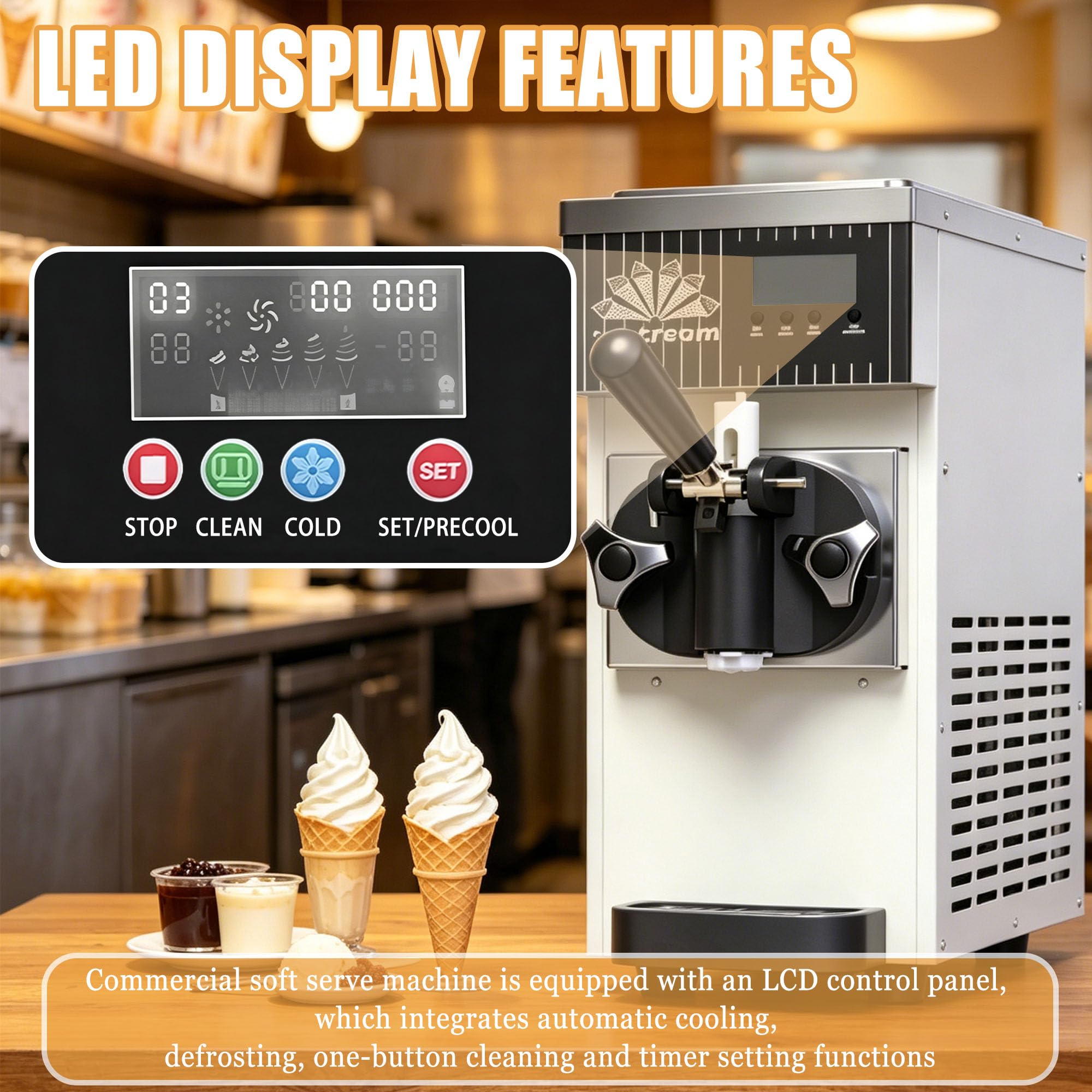 Máquina De Helados Profesional - Soft Serve - Heladera Soft Serve con Compresor Autorefrigerante, con Panel LCD, Limpieza Automática Y Cubeta De 1L, Producción 4-5 Kg/H