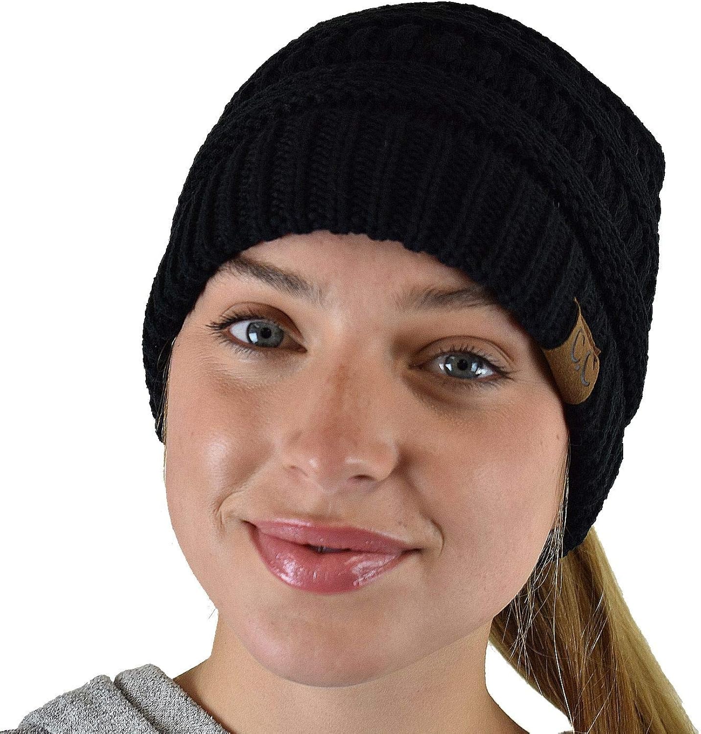 C.C BeanieTail Soft Stretch Cable Knit Messy High Bun Ponytail Beanie Hat, Ivory at  Women’s Clothing store