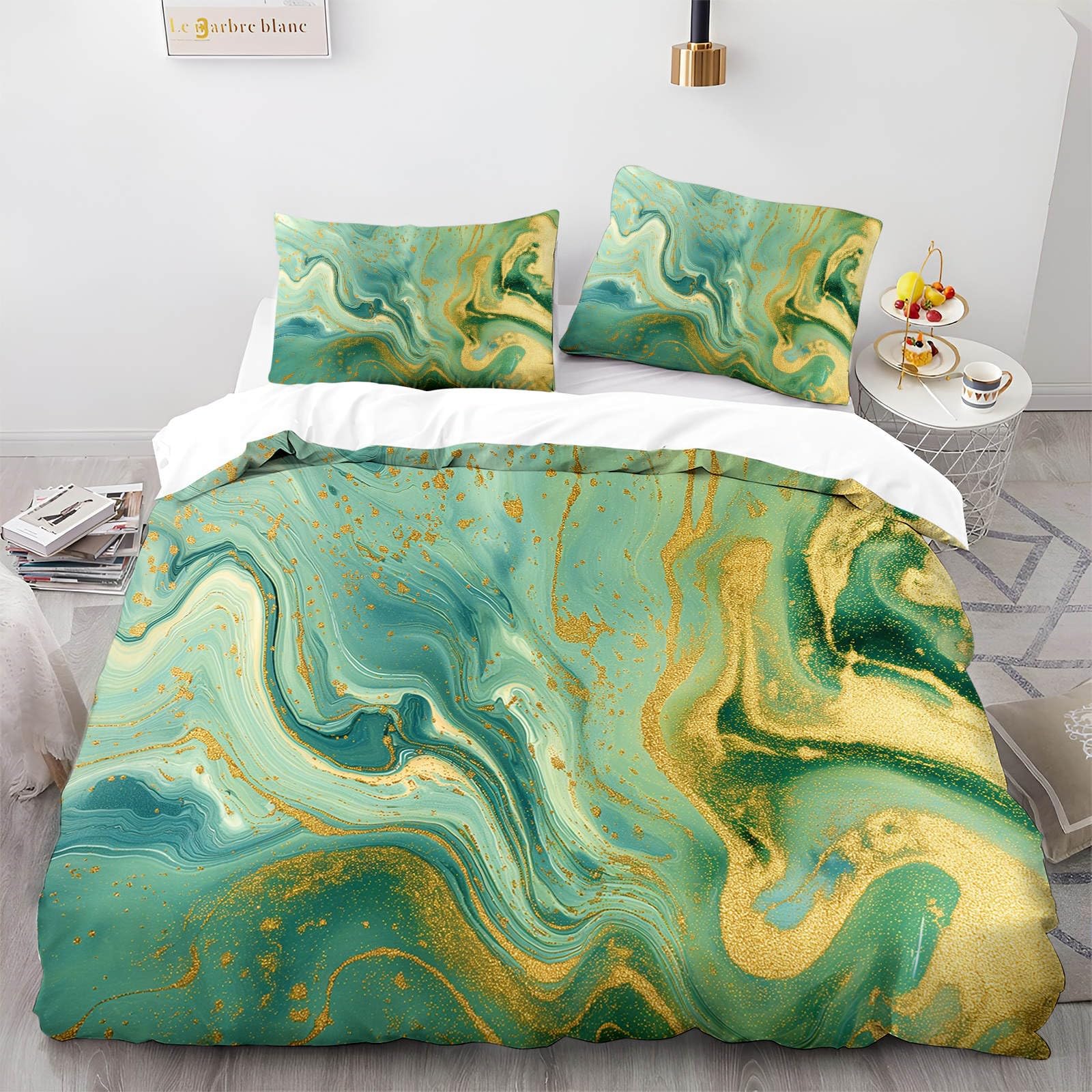 Housse de Couette Set 240x260cm et 2 Taies d' Oreiller 65x65cm Texture De Marbre Parure Lit 100% Microfibre Douce Fermet