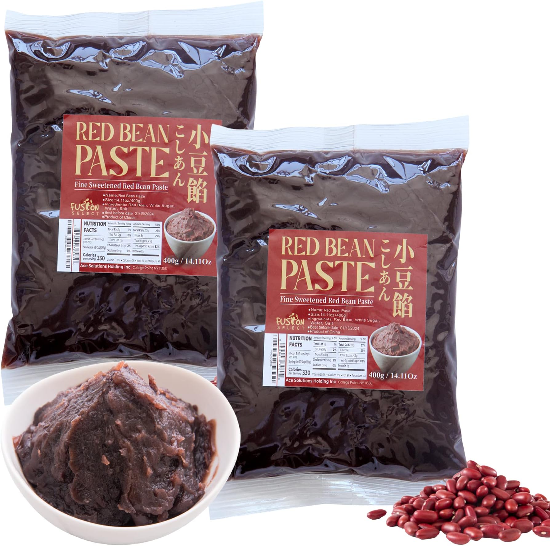 Fusion Select 2 Packs Red Bean Paste - Fine Sweetened Adzuki Bean Paste for Desserts, Buns, Pastry Filling, Mochi - For Chinese, Japanese & Korean Foods - No Additives or Preservatives