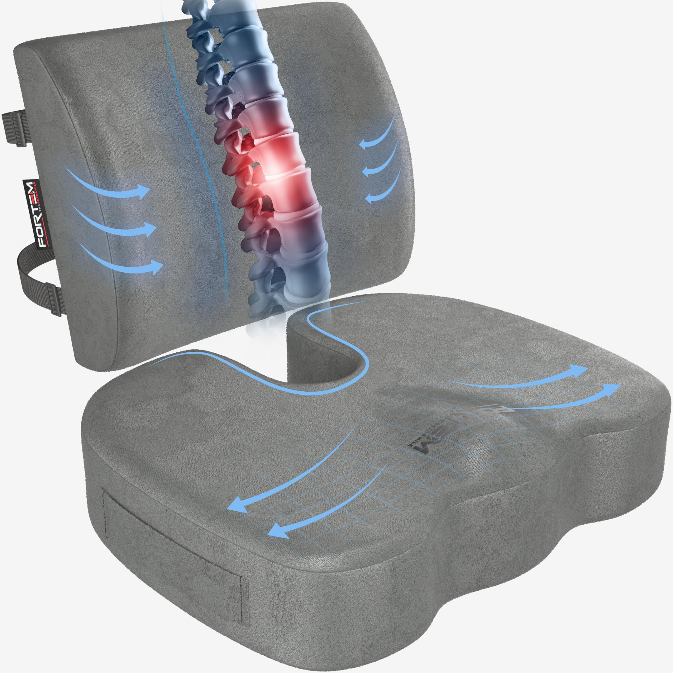 FORTEM Coccyx Cushion, Seat Cushion, Lumbar Support Cushions, Back Support Cushions for Office Chair, Memory Foam Seat Pillow Breathable & Washable Cover, Adjustable Straps, XL