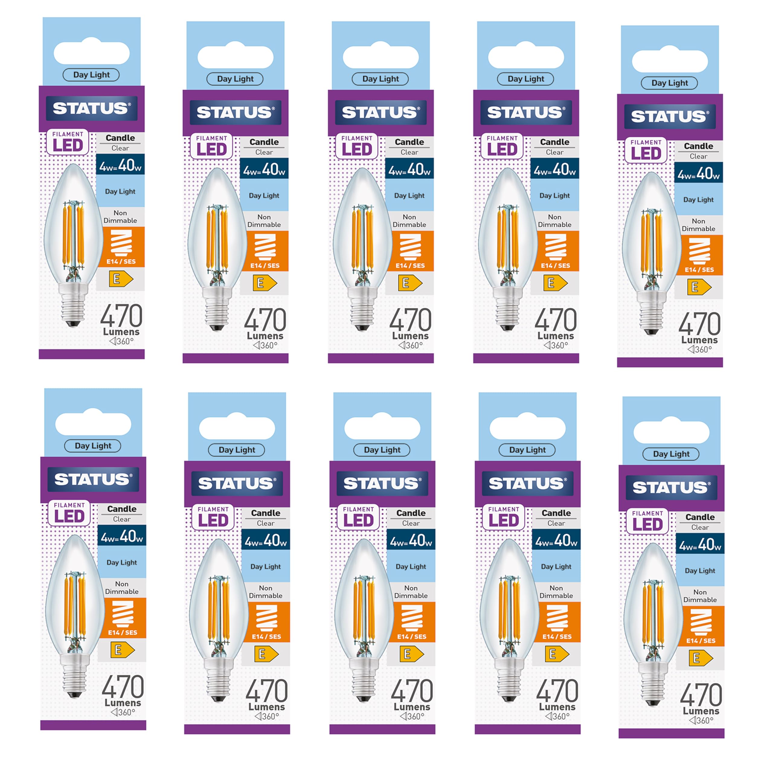 Status 4w = 40w = 470 lumens - Filament LED - Candle - SES - Clear - Day Light - 1 pk Box - in White CDU