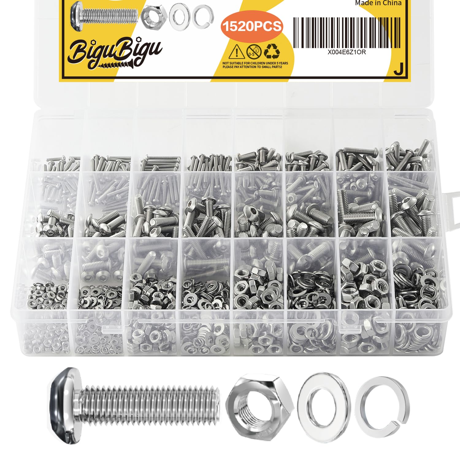 1520Pcs M2 M3 M4 M5 Metric Screw Assortment,304 Stainless Steel Metric Bolts and Nuts Assortment Kit,Hex Socket Button Head Metric Machine Screws with Flat and Lock Washers