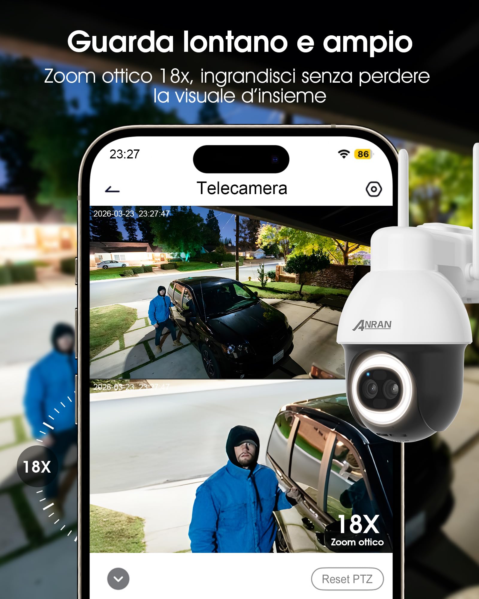 ANRAN 5MP+3MP 24/7 AOV Telecamera Wi-Fi Esterno Senza Fili | Tracciamento Automatico, Rilevamento AI, 8W Pannello Solare, 360° PTZ Videocamera, IP66