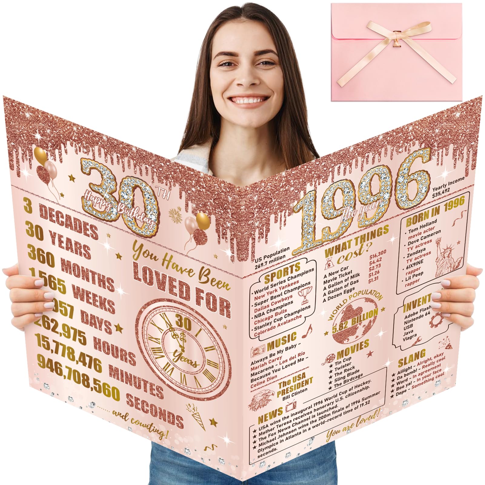 Turypaty Large 30th Birthday Card With Envelope for Girls, Pink Rose Gold The Year 1996 Happy 30th Birthday Giant Guest Signature Book Gift, Extra Big