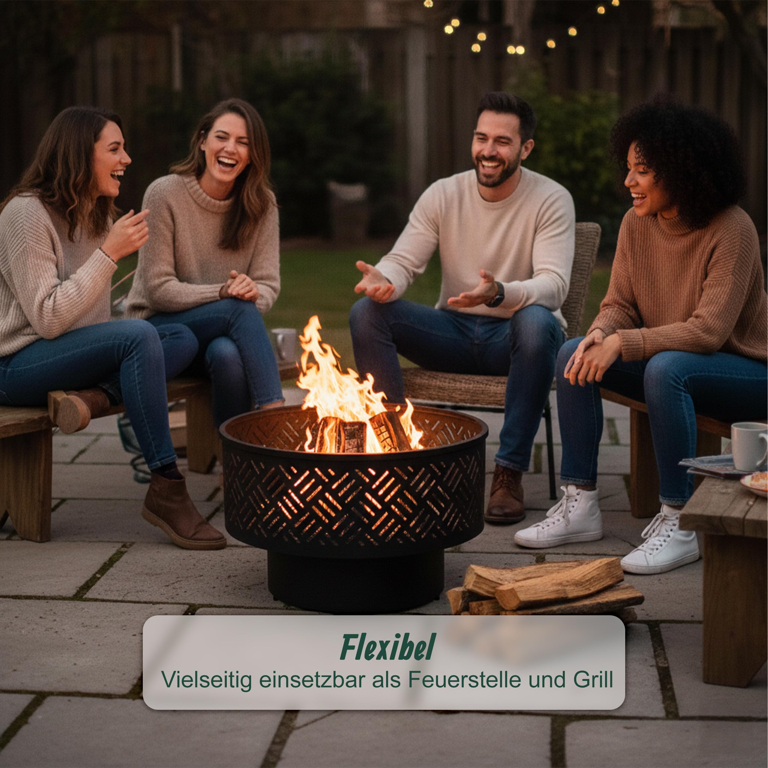 Relaxdays Feuerschale, Ø 66 cm, mit Grillrost, Deckel, Schürhaken & wasserdichter Abdeckung, Feuerstelle, schwarz/Natur
