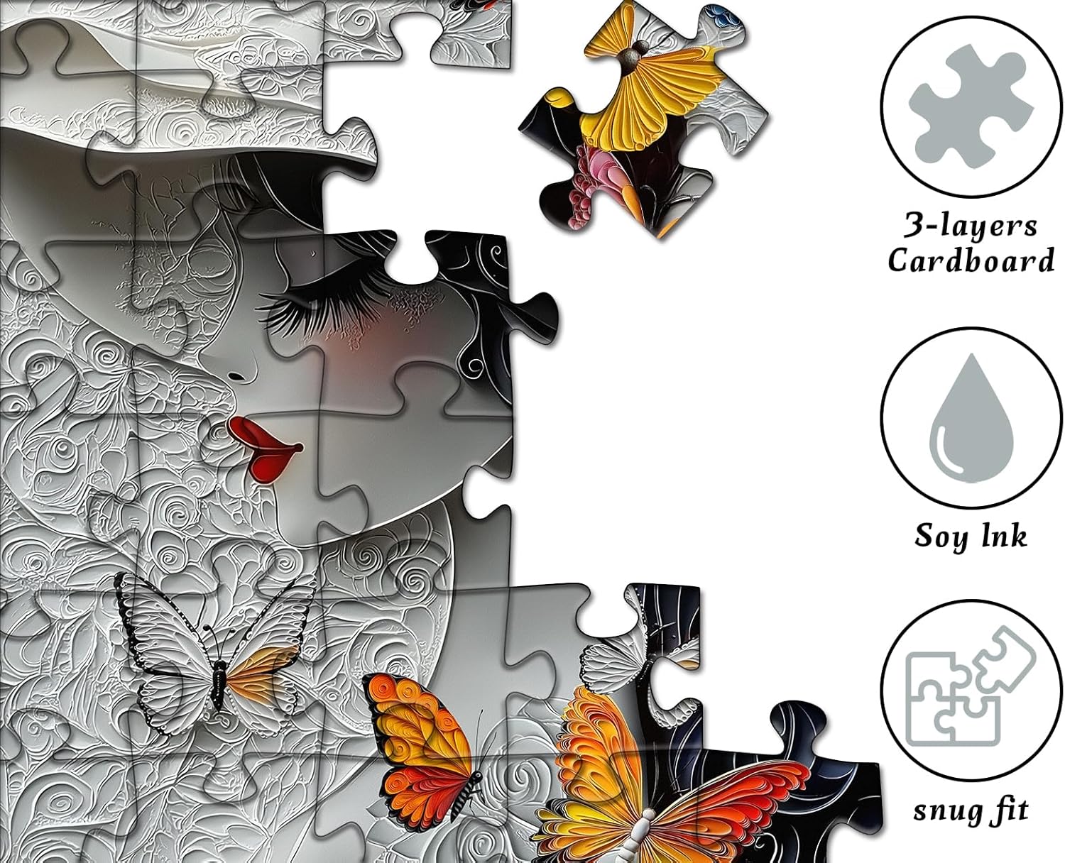 Butterfly Lady Puzzles for Adults 1000 Pieces，Beauty Hat Woman Art Puzzles, Elegant Woman Butterfly Jigsaw Puzzle Aesthetic, Impossible Difficult Challenge for Adults