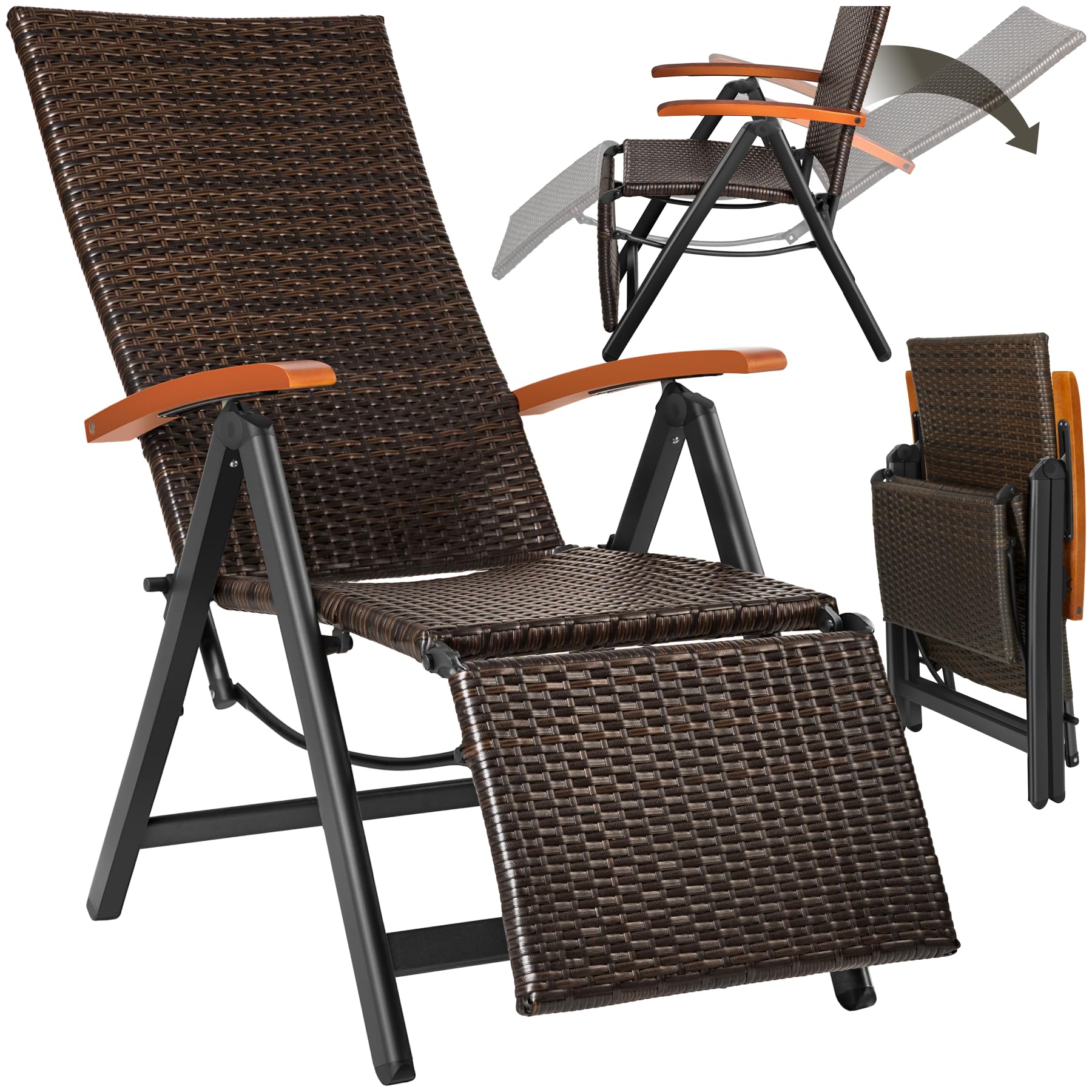 tectake® Poltrona Relax da Giardino Pieghevole, Resina Intrecciata e Alluminio, Regolabile con Poggiapiedi, Poltrona da Giardino, Sedia Relax da Giardino, Sedie da Esterno - Marrone