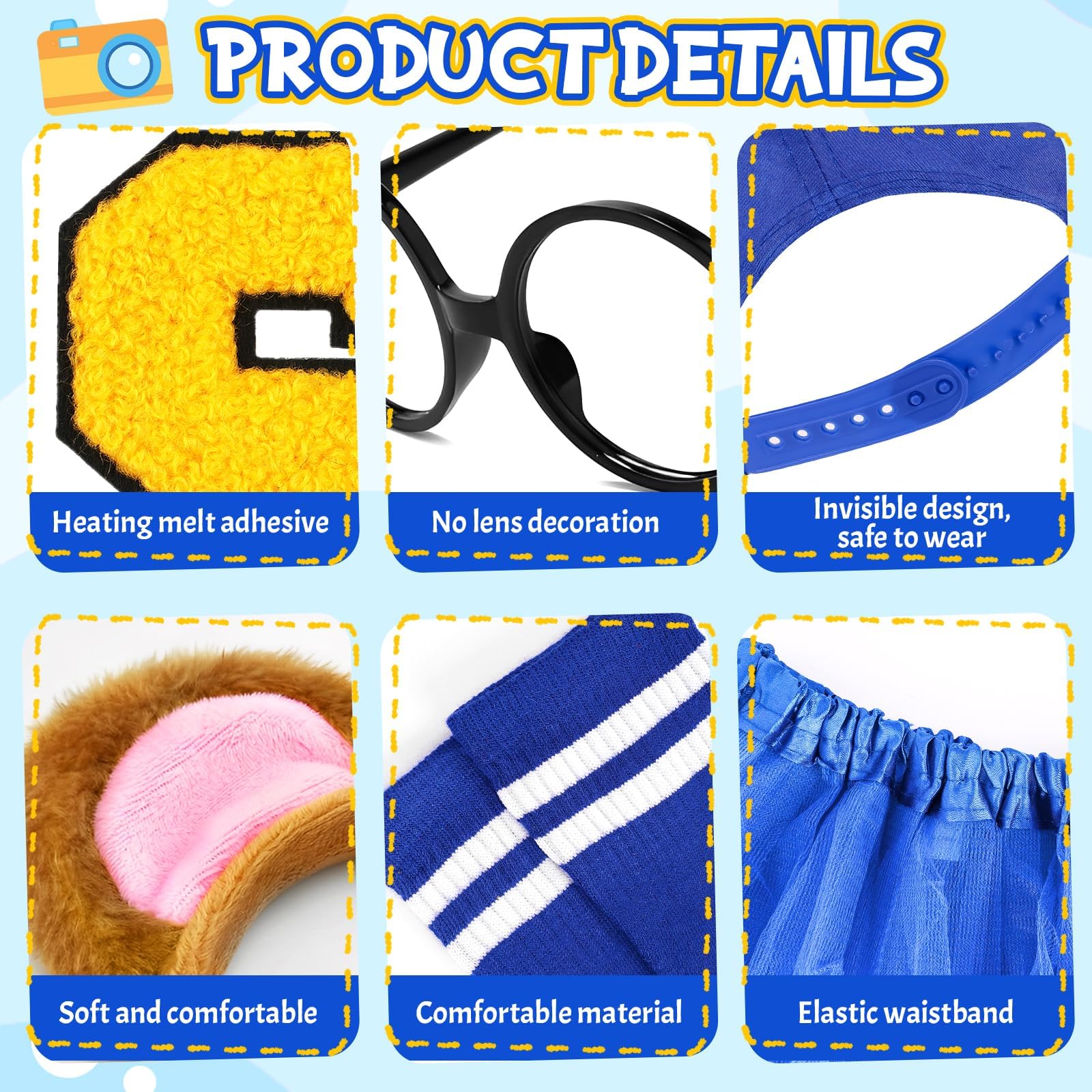 Jokureao 6Pcs Chipmunks Costume Set, Cartoon Chipmunk Outfit with Hat Glasses Headband Skirt Socks Patch - Image 3