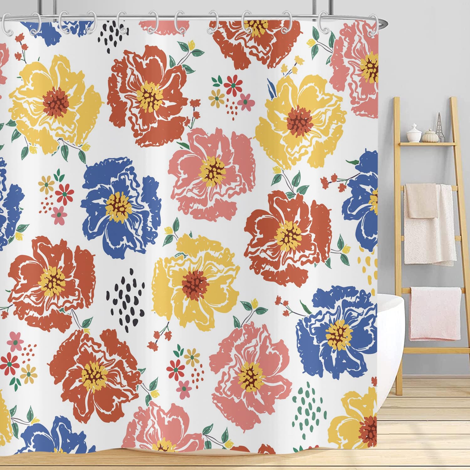 Hnmdmyi Floral Shower Curtain 150x180, Colorful Watercolor Boho Flower Plant Abstract Aesthetic Art Bathroom Shower Curtains with Hooks Waterproof Polyester Fabric Washable Wet Room Bath Curtains