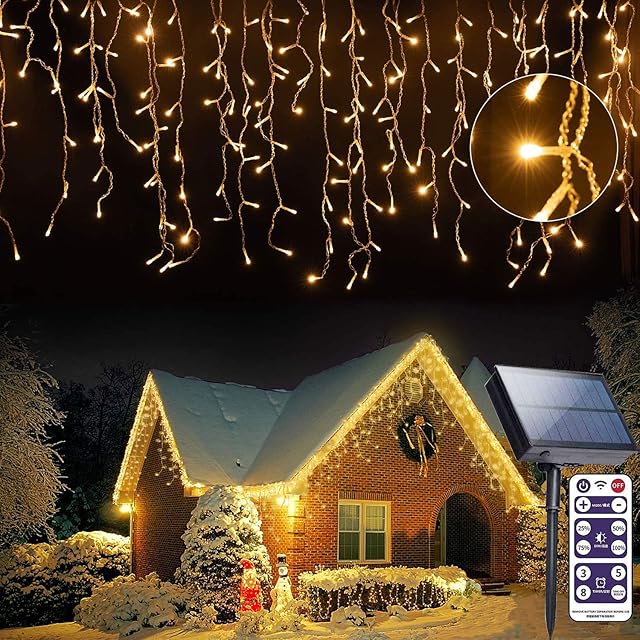Solar Icicle String Light - 16FT/5M Outdoor Decorations 256 LED 8 Mode Remote Curtain Light, Solar Power Christmas Fairy Light Waterproof for Balcony,Garden,Party,Tree,Home,Backyard,Patio,Warm White