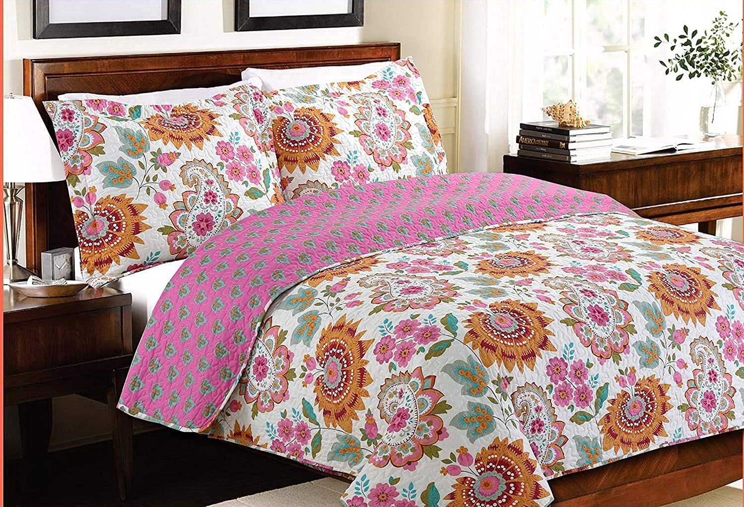 Cozy Line Home Fashions Flower Burst Floral Leaf Paisley Pink Orange Polyester Cotton 3-Piece Queen Quilt Bedding Set