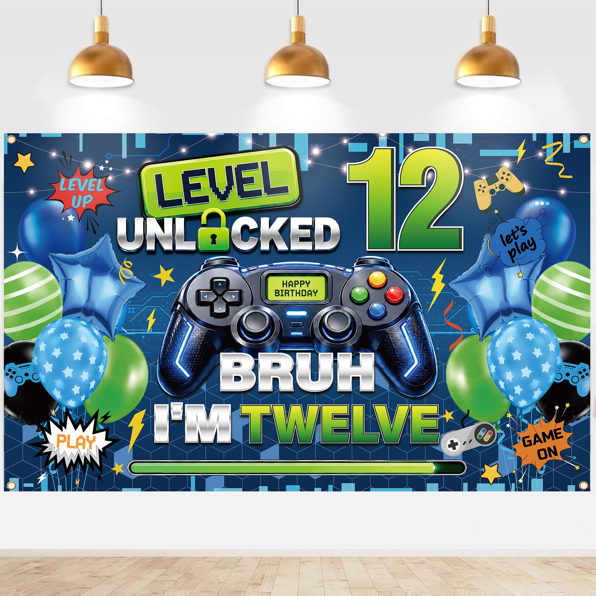 Gaming 12th Birthday Decorations Banner - 180 x 110 cm Blue Backdrop Boys — image 1