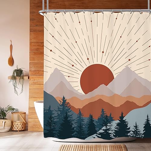 Cortina de ducha de montaña bohemia de mediados de siglo, 60 pulgadas de ancho x 72 pulgadas de alto, puesta de sol abstracta, brumosa, moderna,