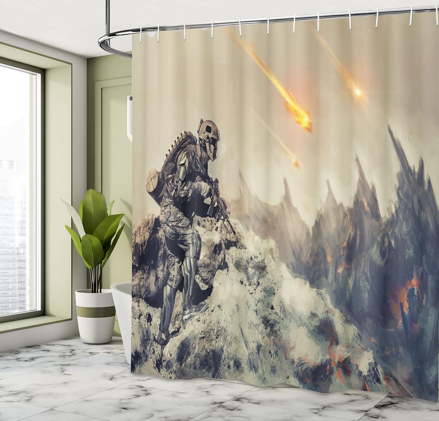 Ambesonne Outer Space Shower Curtain, Futuristic Mechanical Tecnology in The Alien Planet Saving The World Illustration, Cloth Fabric Bathroom Decor Set with Hooks, 69" W x 70" L, Taupe Grey