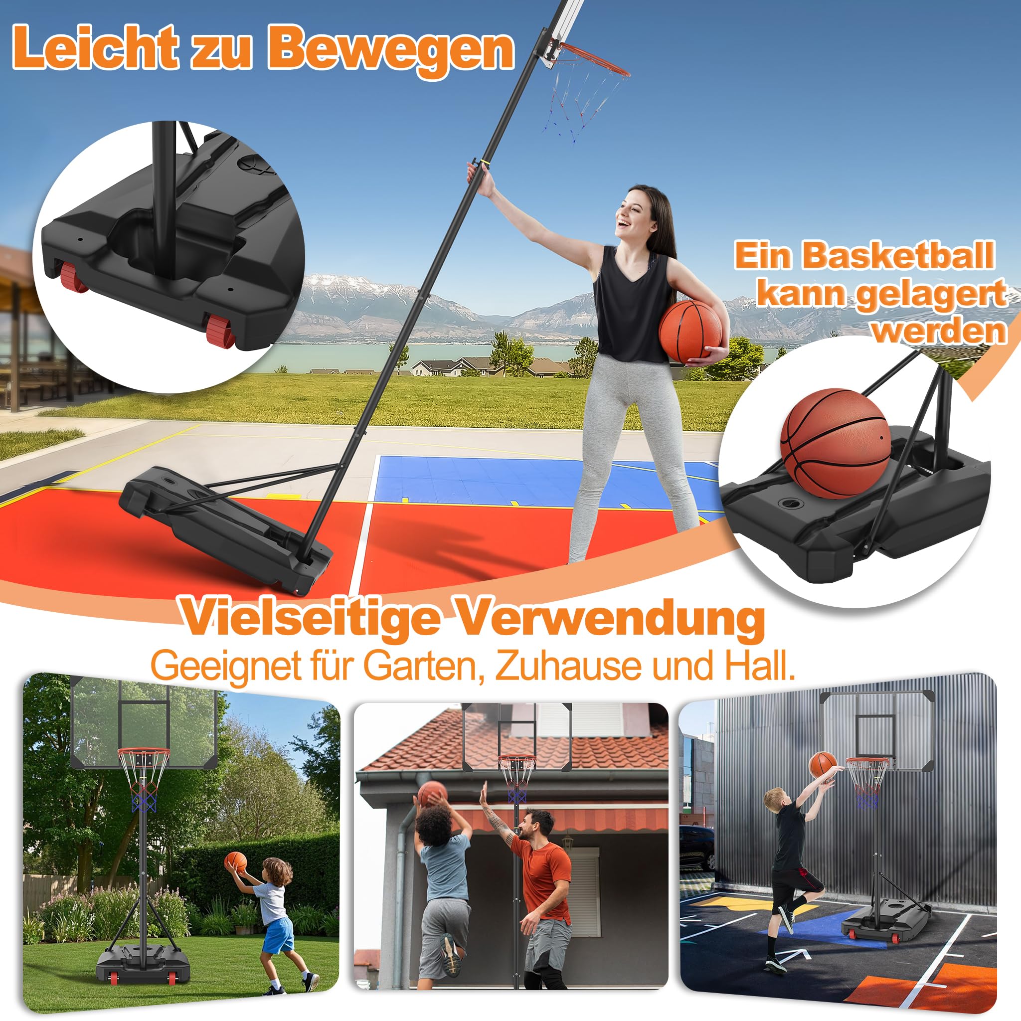 YRHome Basketballkörbe für Jugendliche, Höhenverstellbar 150–260 cm Mit fahrbarer befüllbarer Basis ragbar für Garten & Wohnung