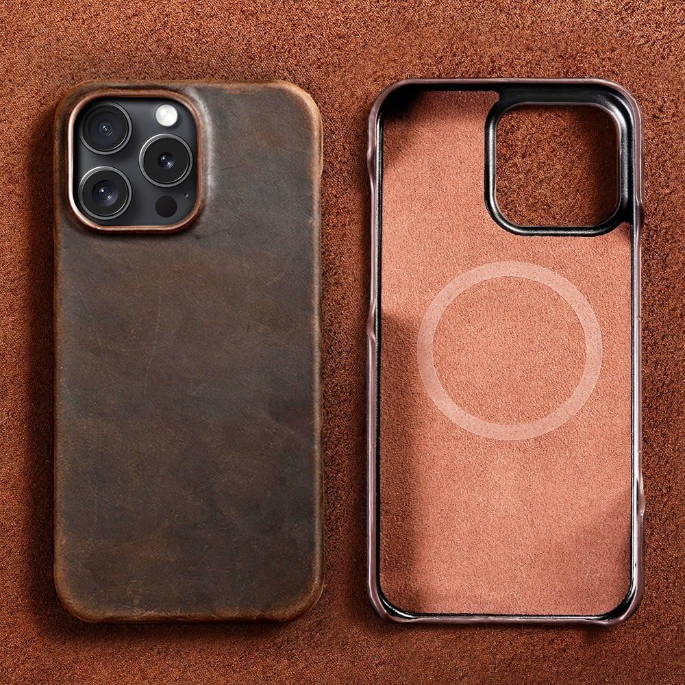 Funda para iPhone 15 16 17 Pro MAX Air Retro Lujosa Cubierta Magnética de Cuero Engrasado de Grano Completo, Marrón, para iPhone 16