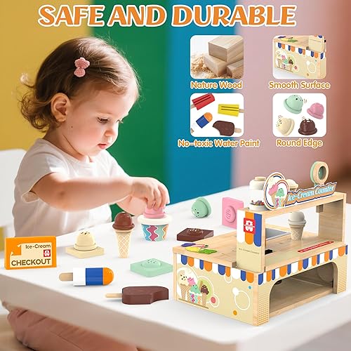 Miniatura 3 de Juego de juguetes de helado de madera, tienda de alimentos para niños pequeños, 52 piezas plegable para niños con almacenamiento, juego de cocina