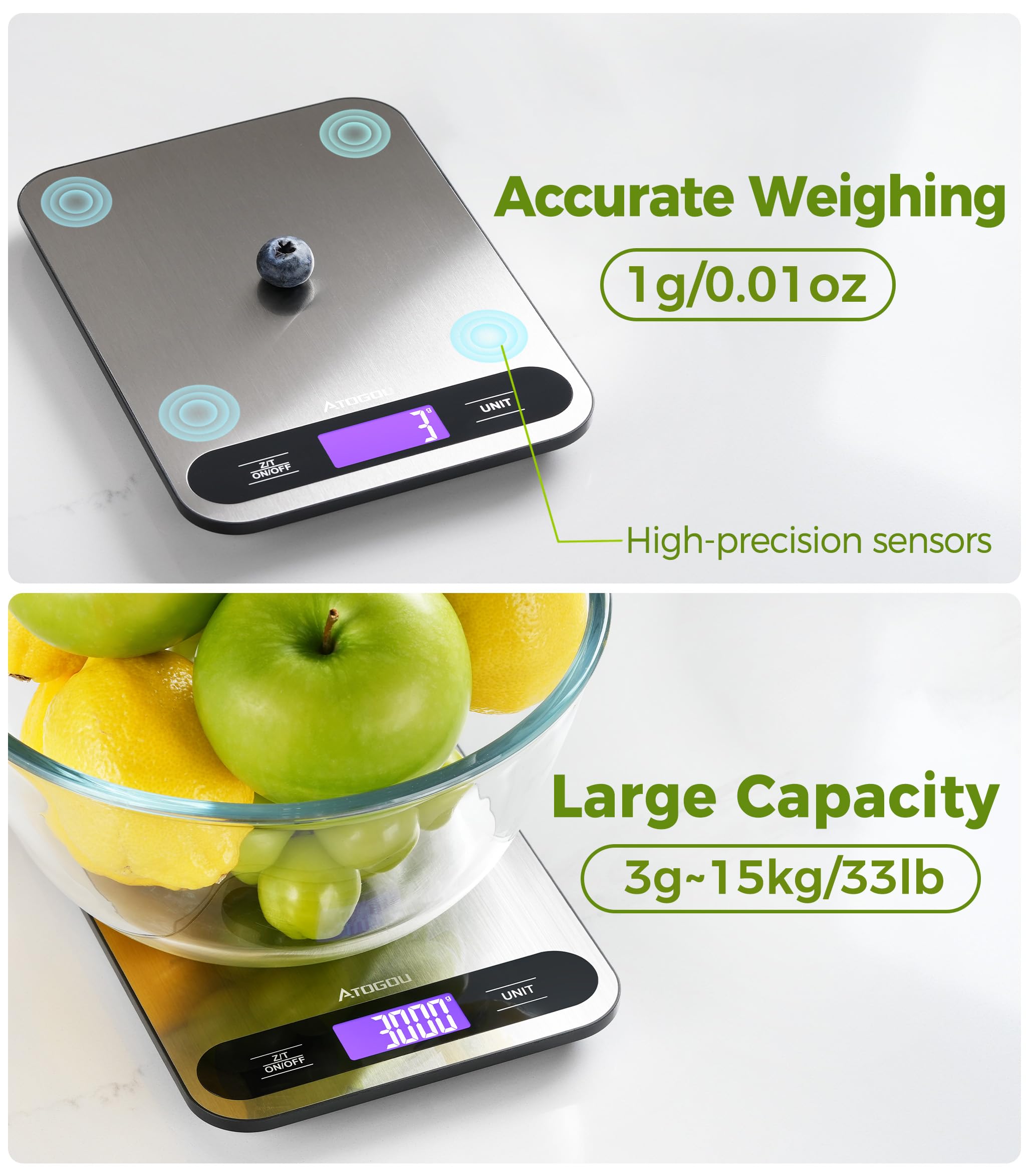 Atogou Báscula digital de cocina de 15 kg con pantalla LCD de visión completa | Superficie de acero inoxidable duradera, para cocinar, hornear, preparar comidas, color negro