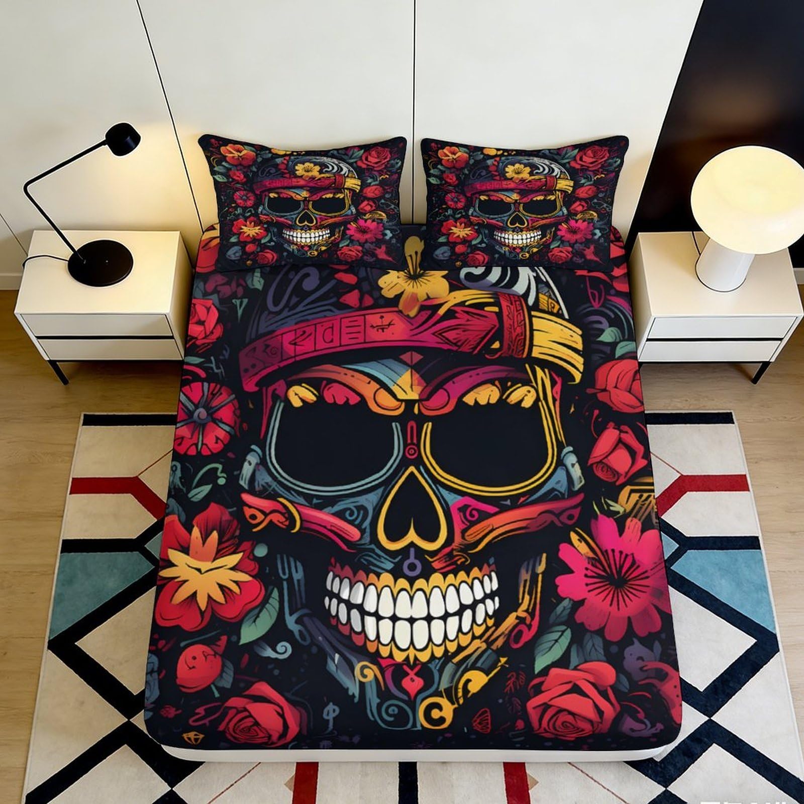 3D Printed Skull Floral Fitted Sheet Microfiber Soft Anti-Slip Bed Cover for Bedroom Dorm Artistic Decor 90x200x25cm