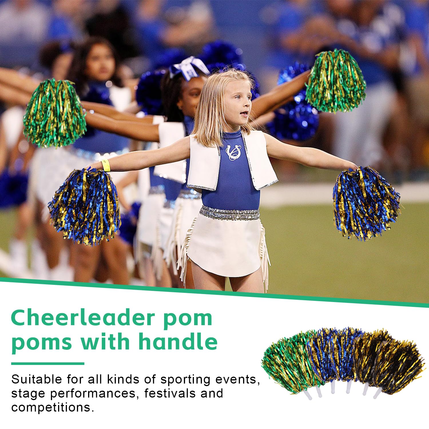 6 Piezas Pompones Animadora Pompones de Colores para Animadoras Pompones Animadora Niña Pompon Animadora con Asa para Eventos Deportivos Juegos Escolares Baile y Raves(Oro Verde Oro Negro Oro Azul) — view 3
