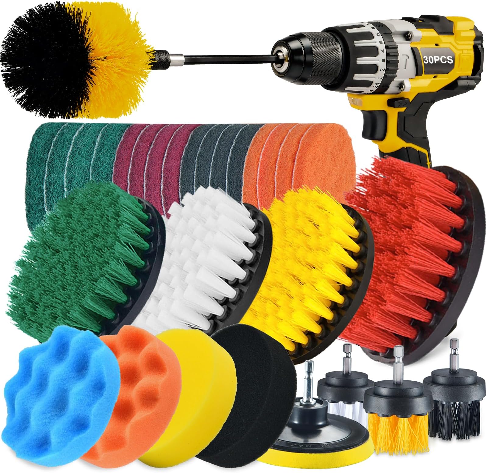 Shieldpro 30 Piece Drill Brush Attachment Set, All Purpose Power Clean Scrubber Brush, Scrub Pads & Sponge with Extend Long Attachment for Bathroom, Kitchen,Grout,Tub,Tile,Corners, Auto