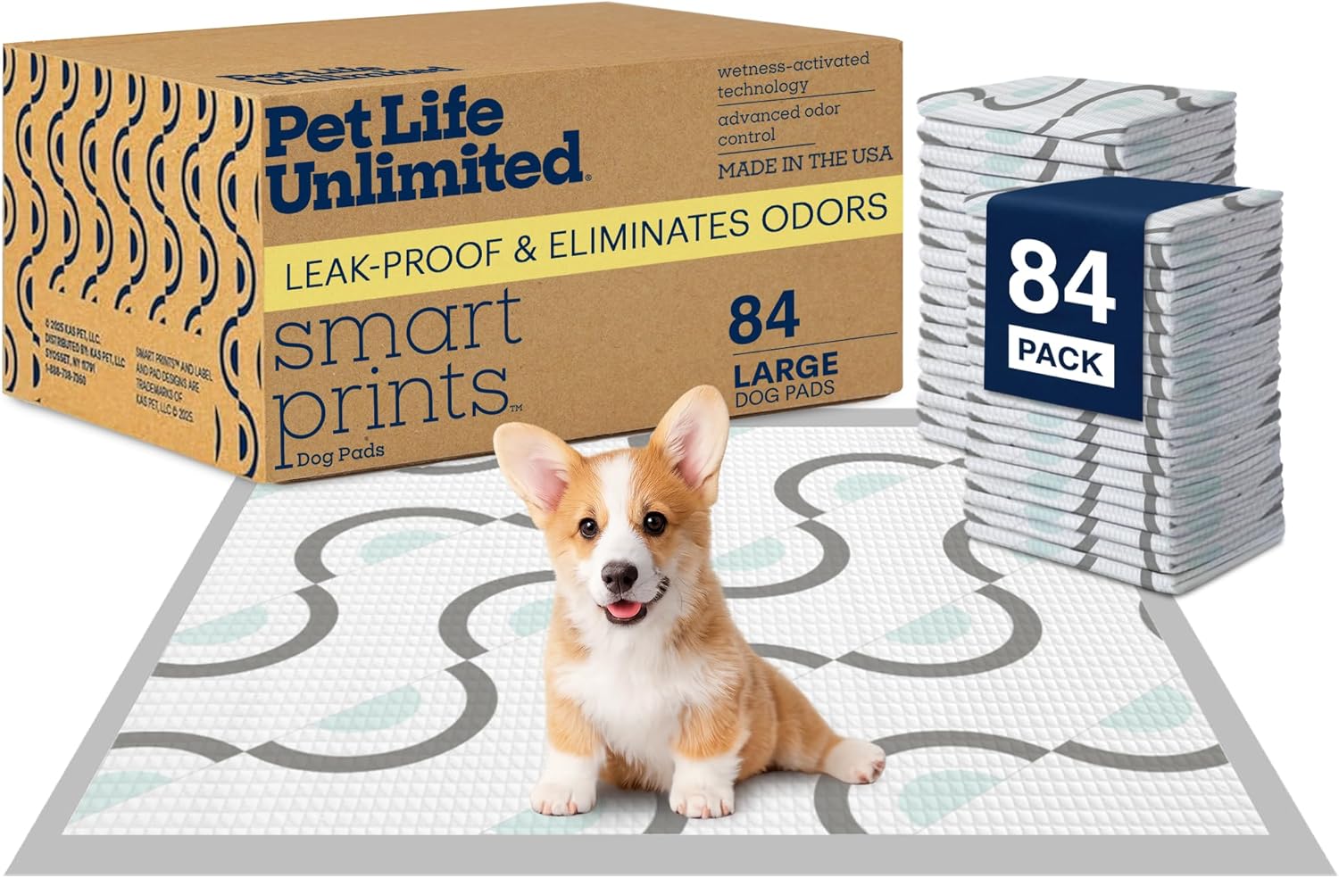 Pet Life Unlimited Smart Prints Large Puppy Pads for Dogs, Potty Training Pee Pads, 84 Count, 22" x 22", Leak-Proof, Super Absorbent, Quick-Dry, Patterned Pads with Odor Control, Made in USA