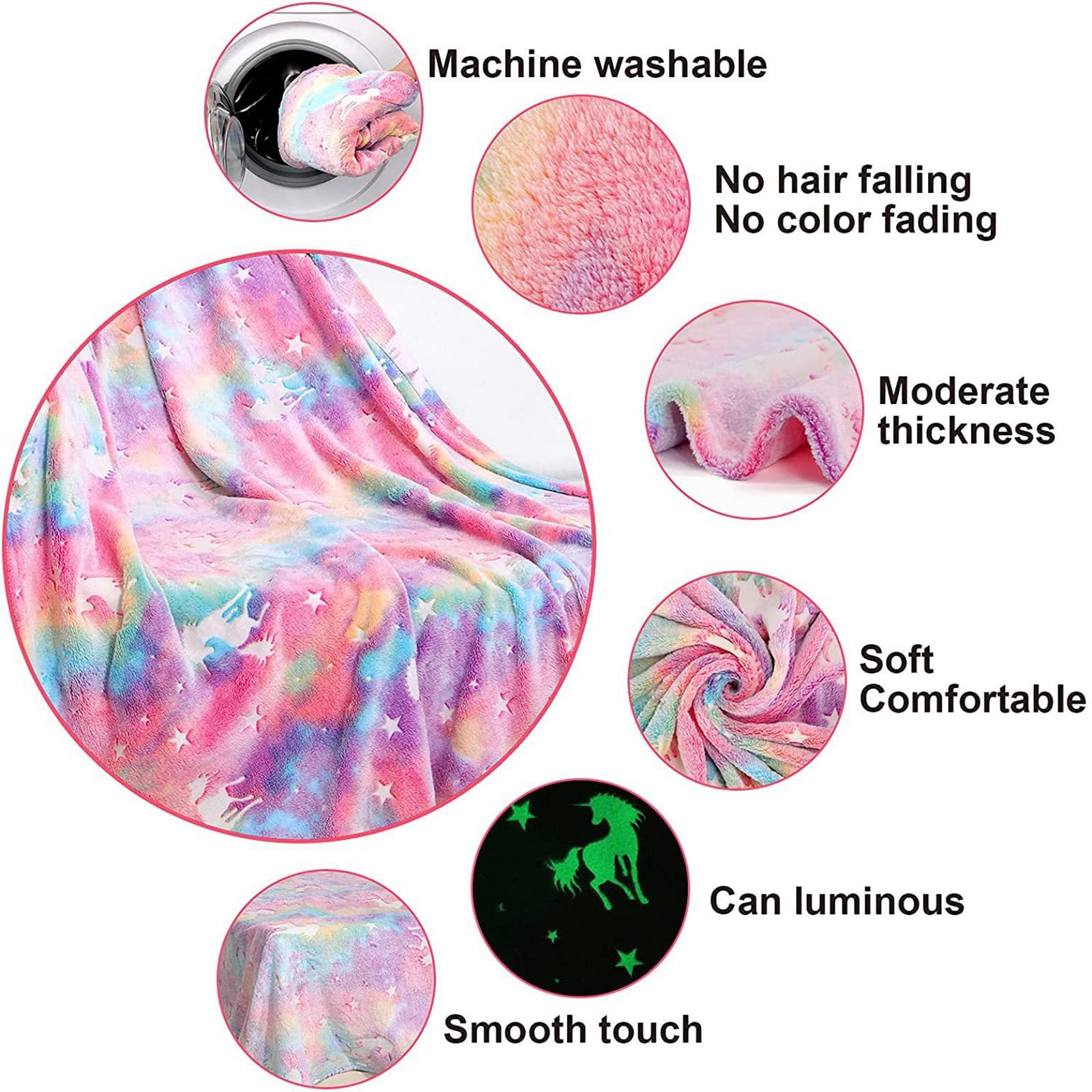 LXTOPN Coperta luminosa al buio, coperta per bambini, coperta con unicorno in flanella, 150 x 200 cm coperta flanella per ragazze e divano, Regali Unicorno (arcobaleno, 150 x 200 cm)