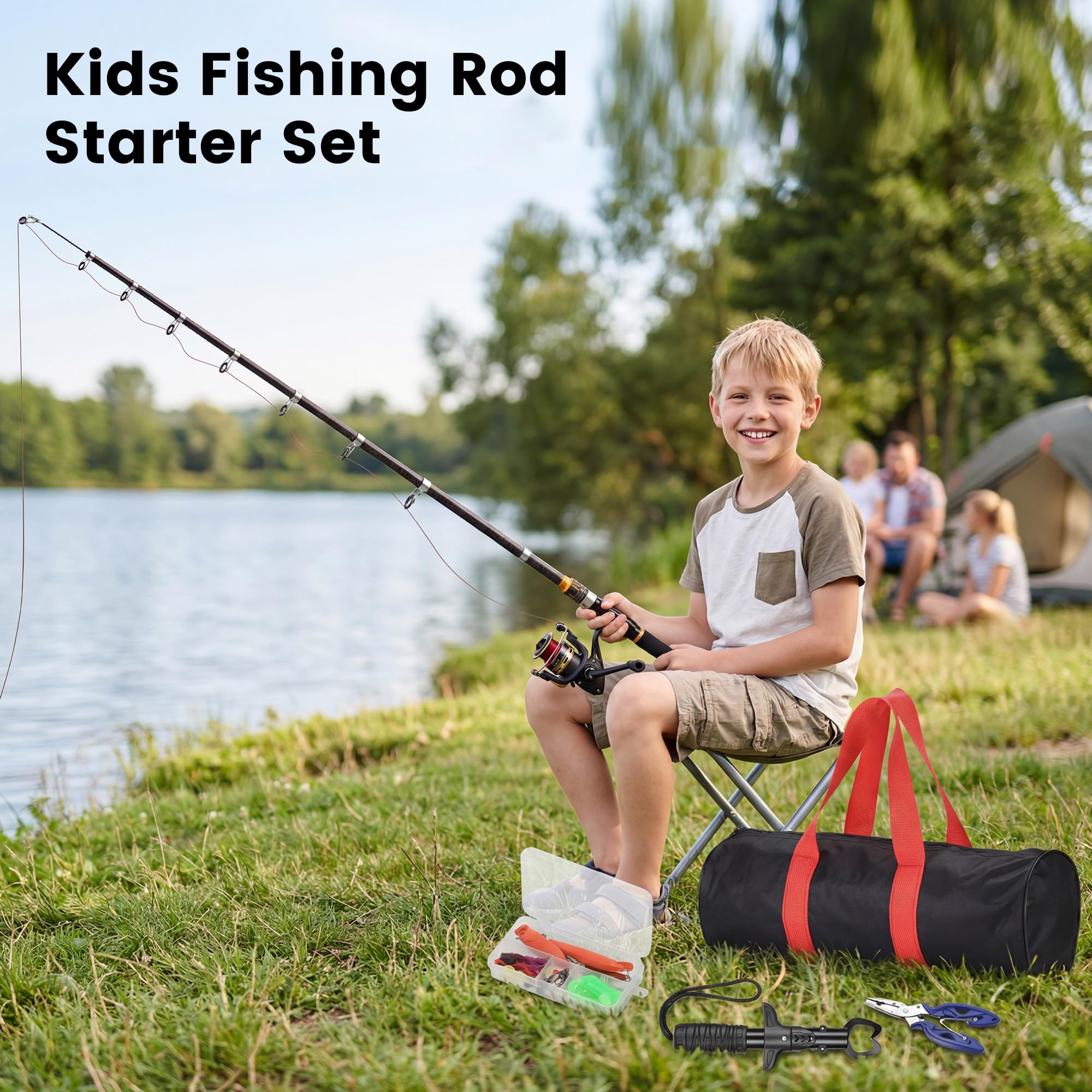Caña de Pescar para Niños 36-210cm, Caña de Pescar Telescópica con Carrete, Alicates de Pesca, Agarrador de Pescado, Anzuelos y Bolsa, Regalo Ideal para Viajes, Camping y Senderismo Infantil