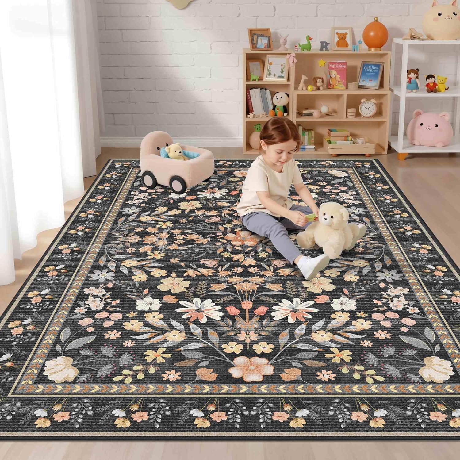Floral Rug for Living Room Bedroom, 5x7 Washable Rug, Black Vintage Boho Area Rug, Large Non Slip Low Pile Wool Carpet for Indoor Dining Room,Girls Room,Nursery Room and Kids Room(Black 5x7ft)