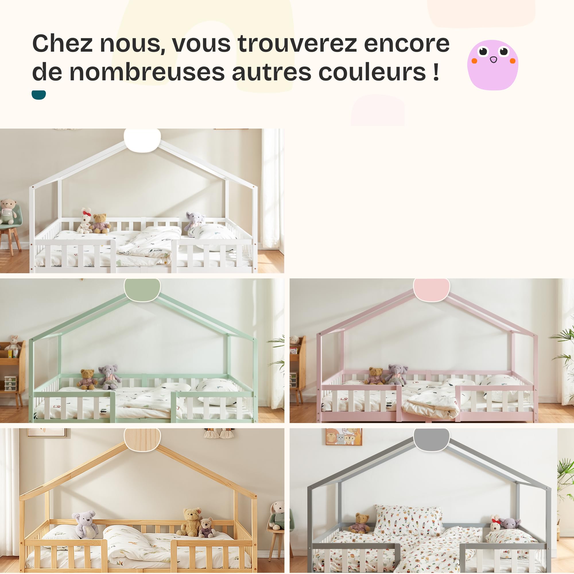[en.casa] Lit d'enfant Cabane Treviolo 70 x 140 cm Lit Montessori en Forme de Maison avec Barrière et Sommier à Lattes Solide Style Scandinave Capacité de Charge 70 kg Bois de Pin Naturel