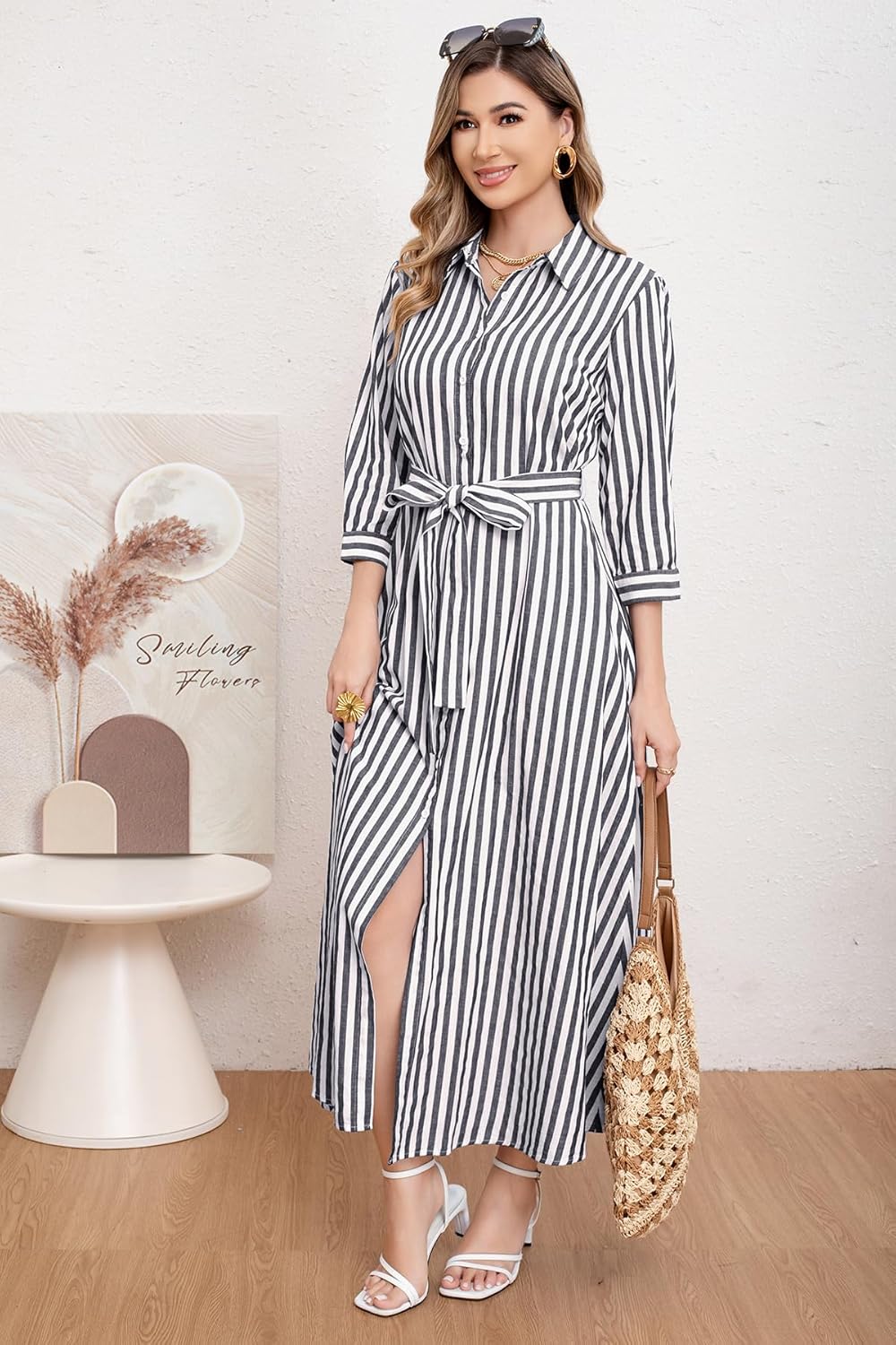 utcoco Women's 2025 Spring Summer Casual Striped Maxi Dress Button Down Shirt Dress with Belt - Image 4