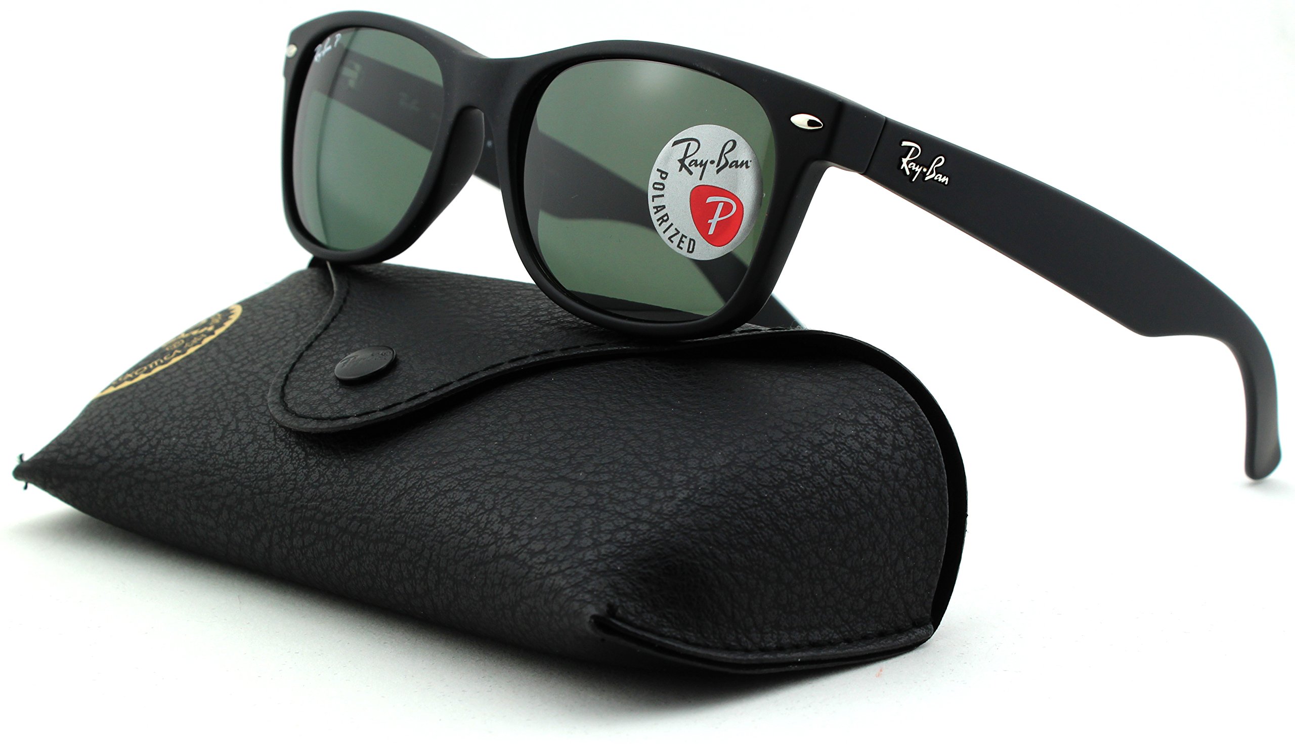 Ray-Ban RB2132 New Wayfarer Polarized Unisex Sunglasses Rubber Black Frame Polarized Green Lens 622 58 55