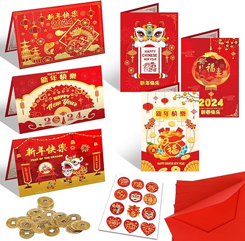 Miniatura 1 de DPKOW Tarjetas de felicitación de año nuevo chino 2024 con sobres rojos, 6 piezas + 10 monedas de la suerte chinas + 12 calcomanías de Año Nuevo