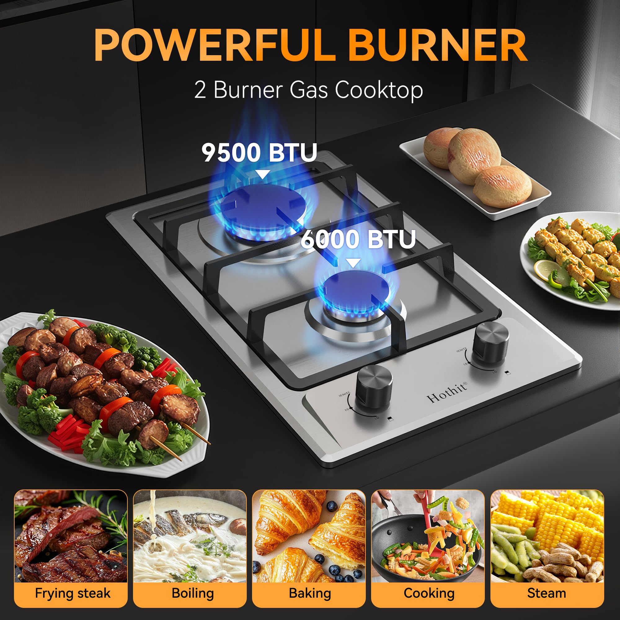 Hothit 2 Burner Propane Gas Cooktop, 12