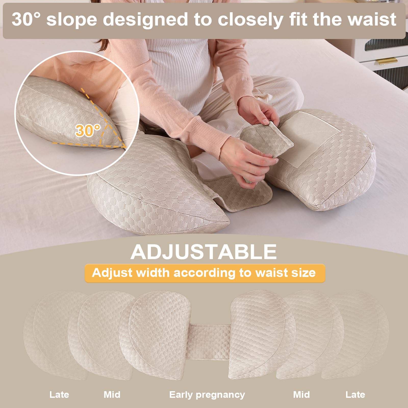 Cuscino Gravidanza per Dormire, Cuscino allattamento e Gravidanza con Fodera Raffreddamento Bambù Morbida Setosa, Cuscino Supporto Comfort Regolabile per Tutto Il Corpo e Maternità(Cachi & Piccolo)