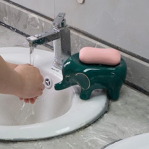 Miniatura 4 de CAIRIAC Jabonera de elefante para barra de jabón, soporte de cerámica autodrenante para esponja decorativa, jabonera de barra con drenaje para