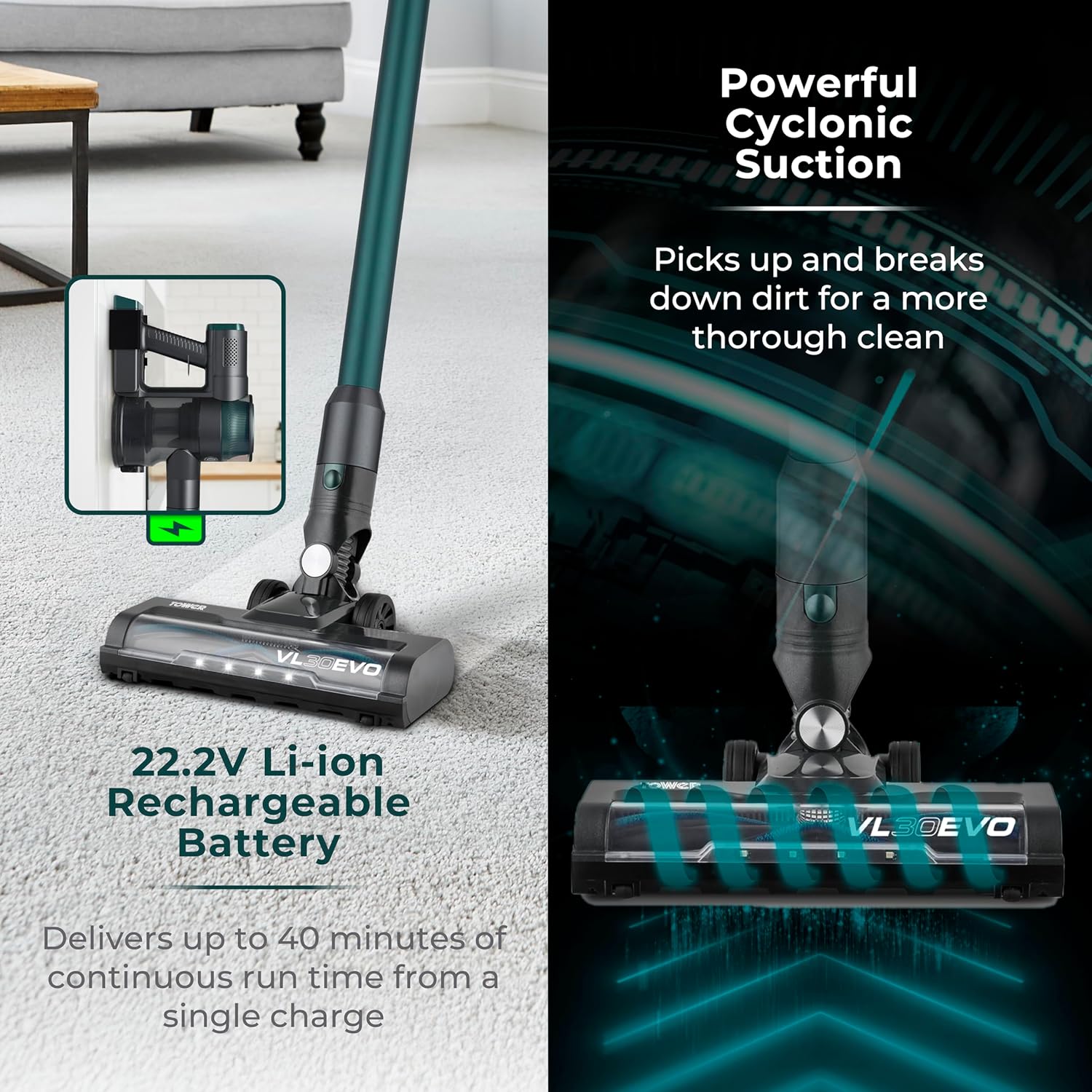 Image showing the vacuum cleaner charging and highlighting cyclonic suction